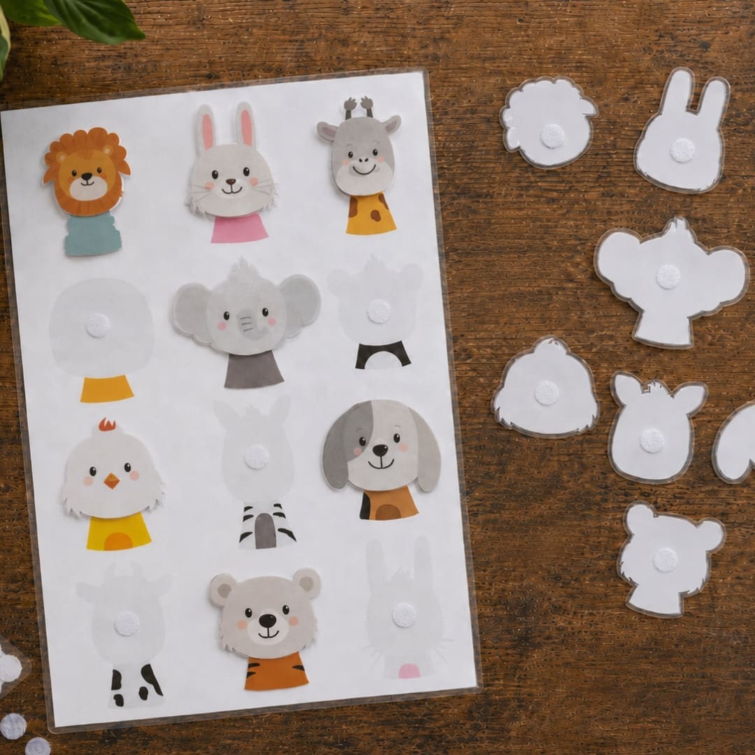 Printable animal matching activity for kids with 12 cute animal faces, laminated A4 sheets, Velcro pieces, and coloring pages.