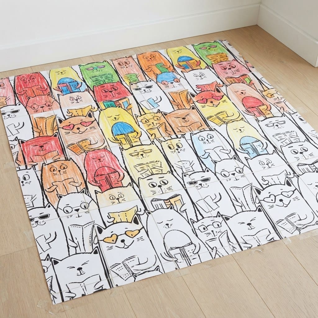 Giant Cats Poster coloring activity for kids, made from taped A4 sheets with cute cat illustrations for classroom, daycare, preschool, and birthday fun.