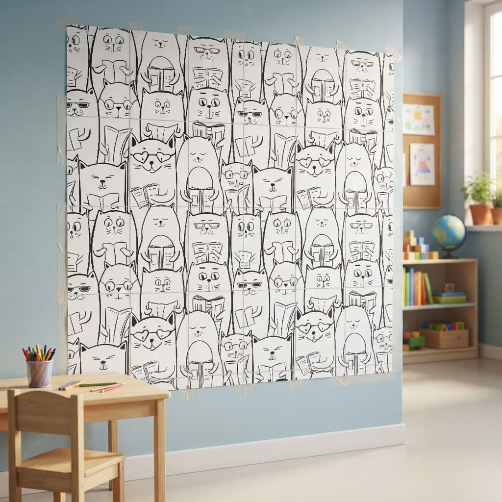 Giant Cats Poster coloring activity for kids, made from taped A4 sheets with cute cat illustrations for classroom, daycare, preschool, and birthday fun.