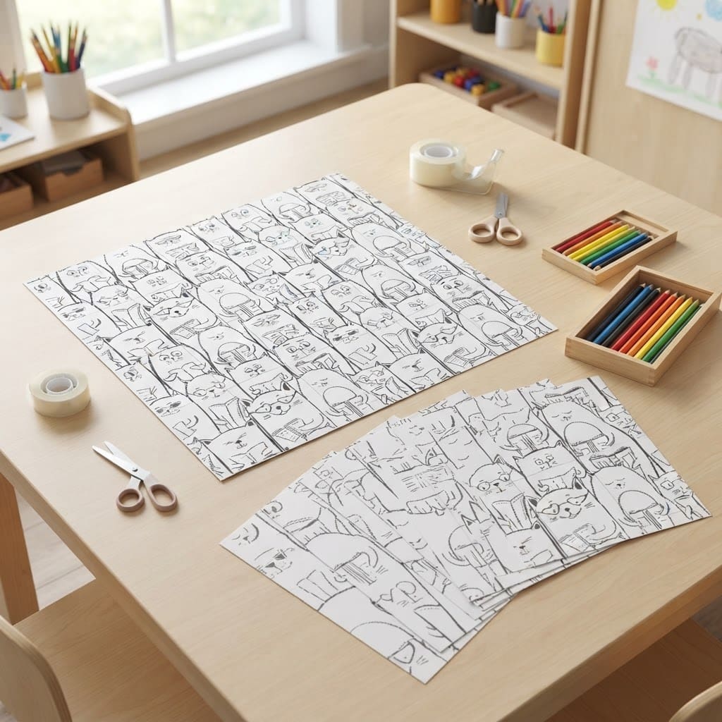 Giant Cats Poster coloring activity for kids, made from taped A4 sheets with cute cat illustrations for classroom, daycare, preschool, and birthday fun.