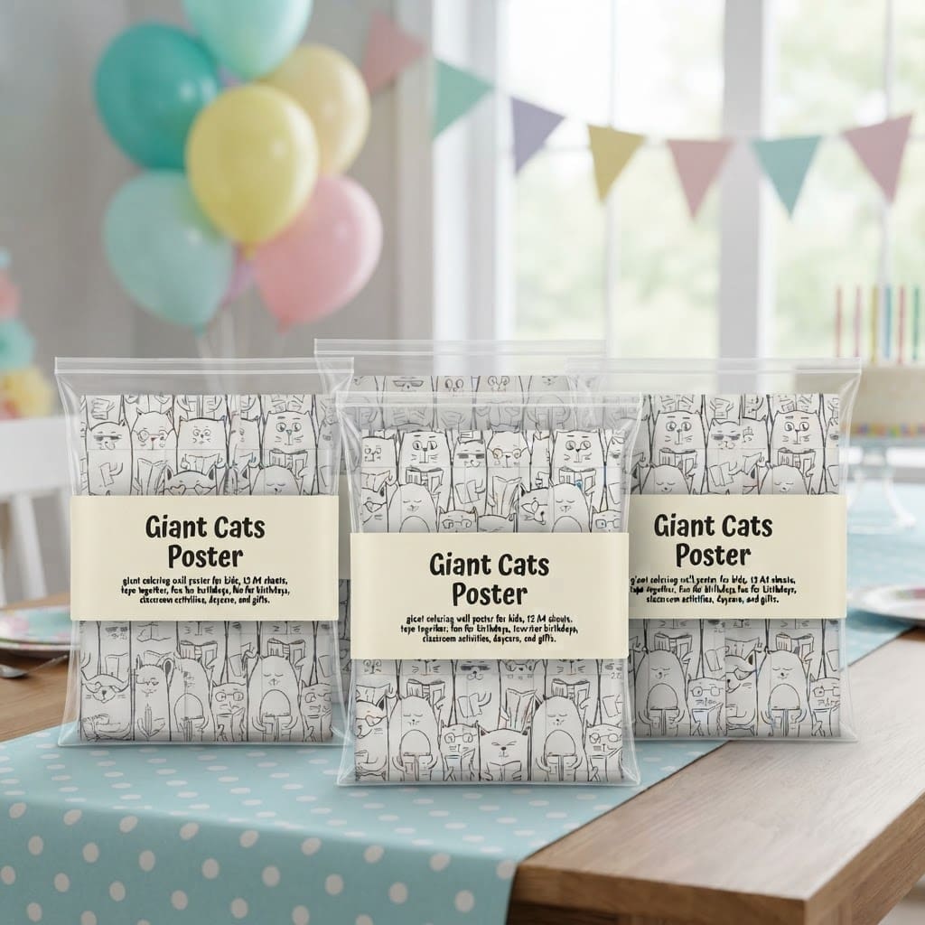 Giant Cats Poster coloring activity for kids, made from taped A4 sheets with cute cat illustrations for classroom, daycare, preschool, and birthday fun.