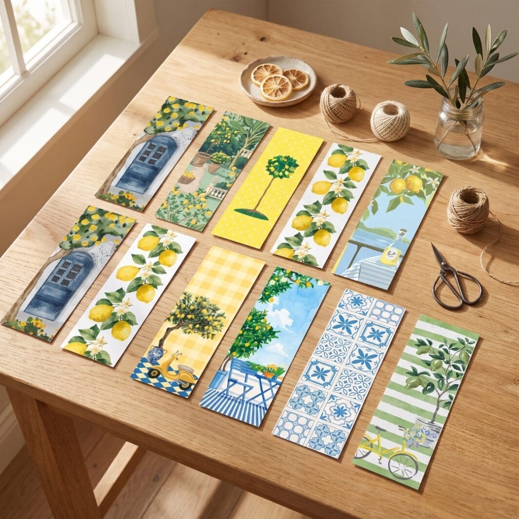 Set of 12 printable Lemon Bookmarks featuring Mediterranean-inspired lemon trees, blue tiles, garden terraces, and soft watercolor summer designs.