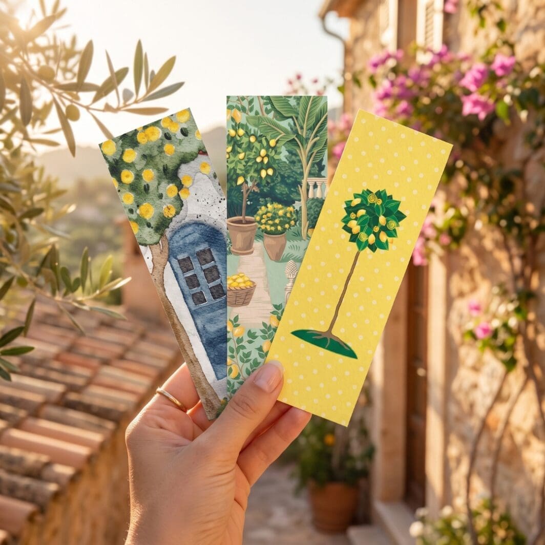Set of 12 printable Lemon Bookmarks featuring Mediterranean-inspired lemon trees, blue tiles, garden terraces, and soft watercolor summer designs.