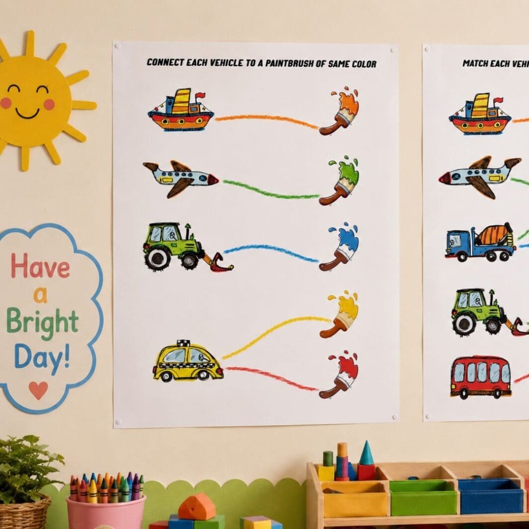 First Vehicles Activity Sheets displayed on a daycare activity table with crayons, scissors and preschool supplies