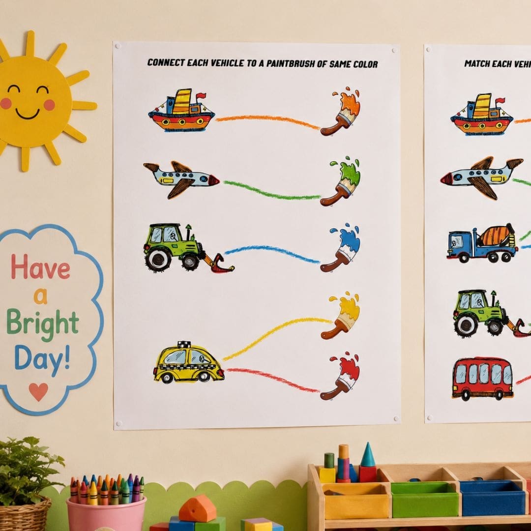 First Vehicles Activity Sheets displayed on a daycare activity table with crayons, scissors and preschool supplies
