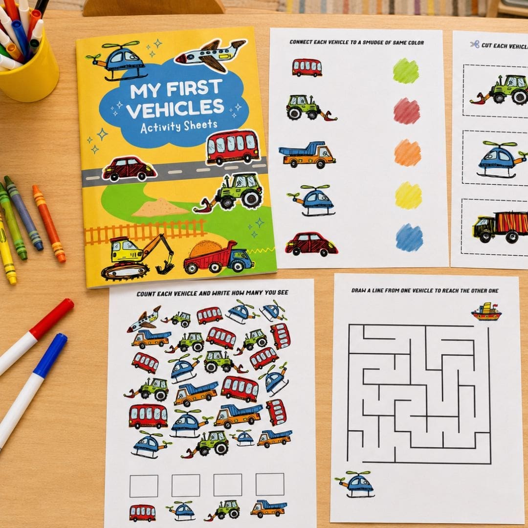 First Vehicles Activity Sheets displayed on a daycare activity table with crayons, scissors and preschool supplies