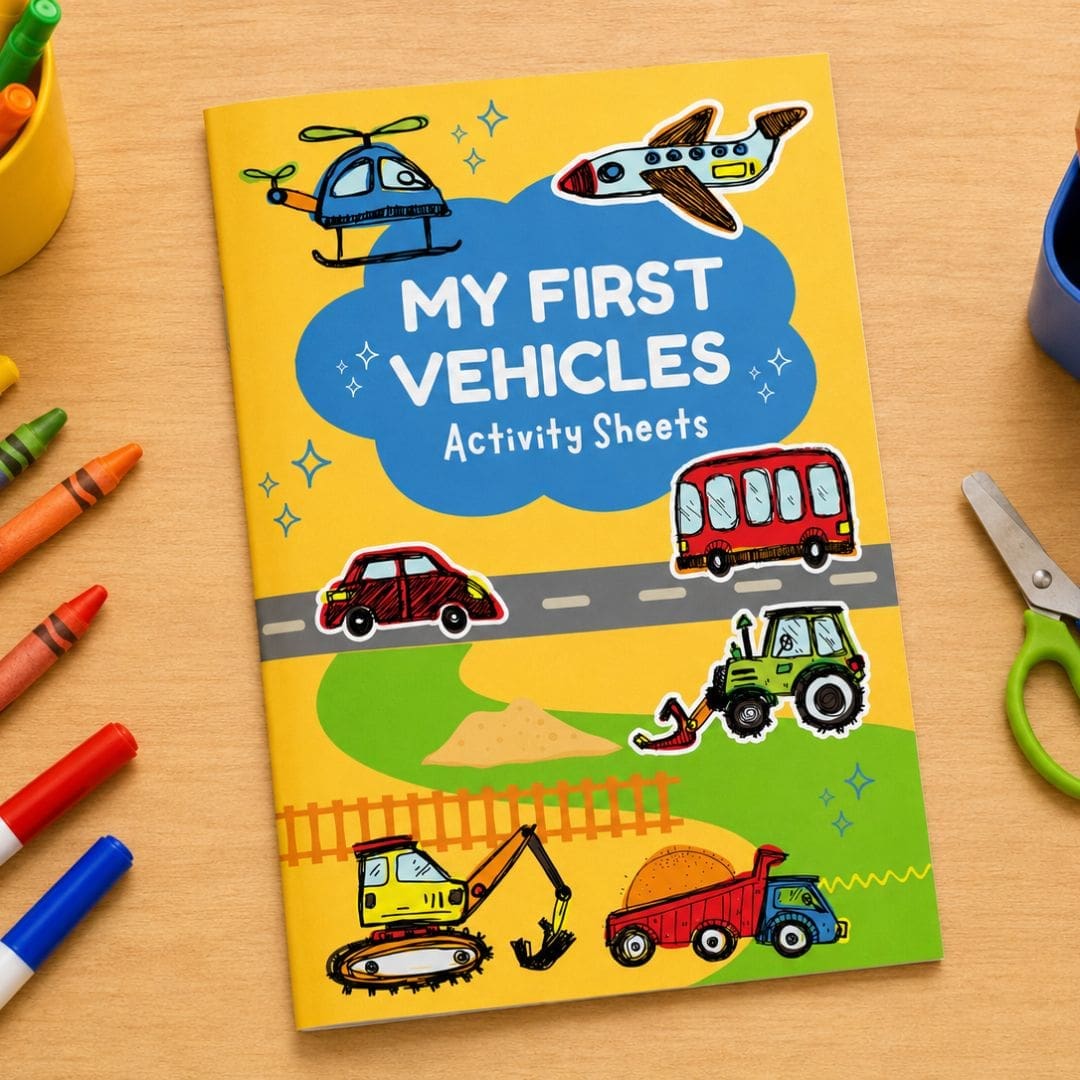 First Vehicles Activity Sheets displayed on a daycare activity table with crayons, scissors and preschool supplies