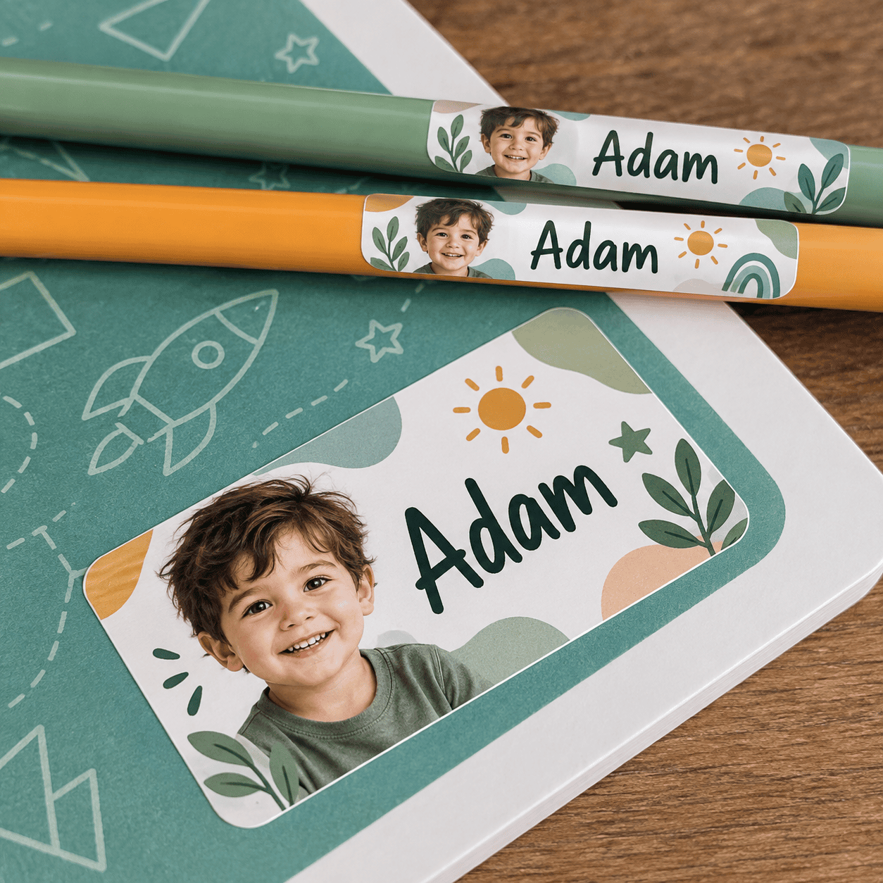 Personalized kids’ school labels featuring a real-photo style portrait, coordinated colors, and the child’s name. Shown on pencils and a notebook to demonstrate how the labels can be used on everyday school belongings.