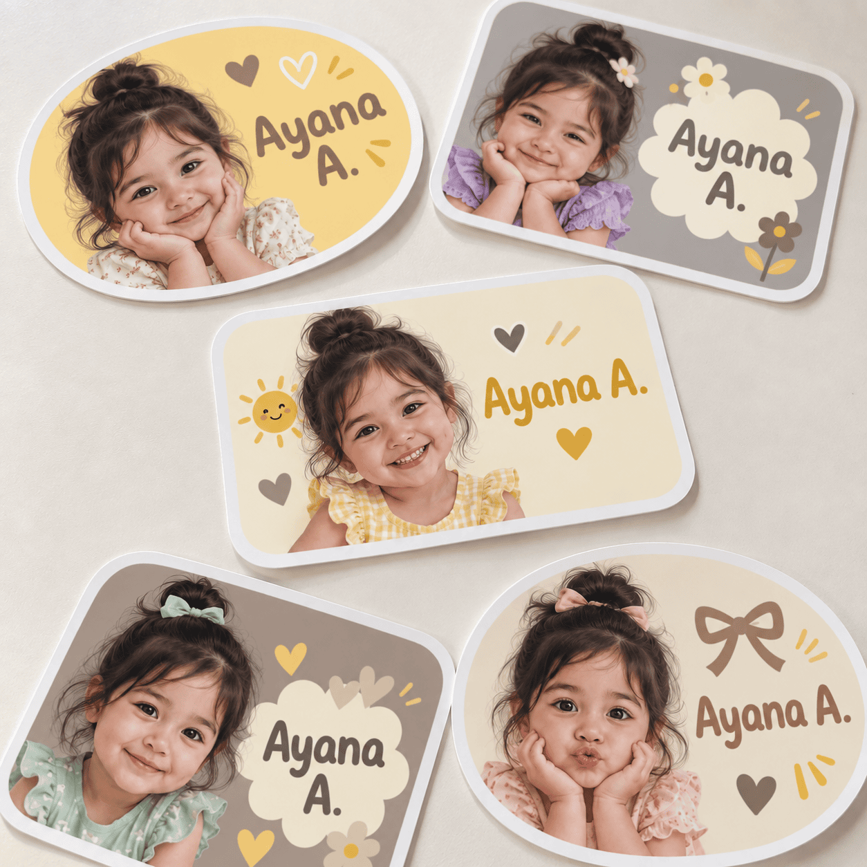 Personalized kids’ school labels featuring a real-photo style portrait, coordinated colors, and the child’s name. Shown on pencils and a notebook to demonstrate how the labels can be used on everyday school belongings.