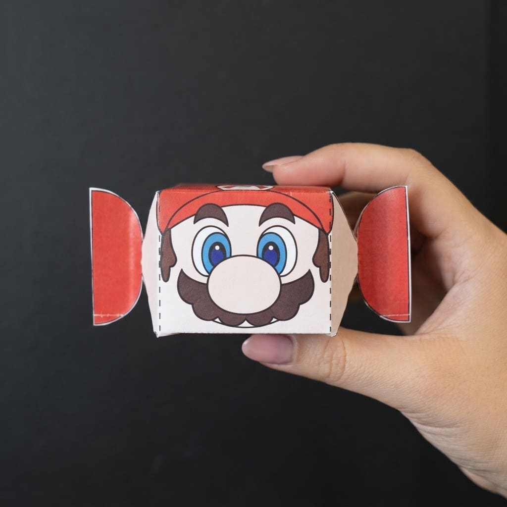 Printable Super Mario DIY papercraft template featuring a cube-shaped character design with a Mario face, red hat, blue overalls, and semicircle hands and feet, ready to print, cut, fold, and glue at home.