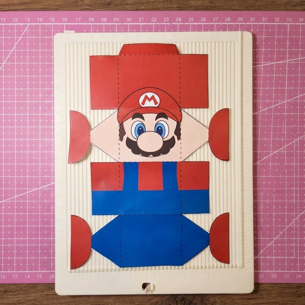 Printable Super Mario DIY papercraft template featuring a cube-shaped character design with a Mario face, red hat, blue overalls, and semicircle hands and feet, ready to print, cut, fold, and glue at home.