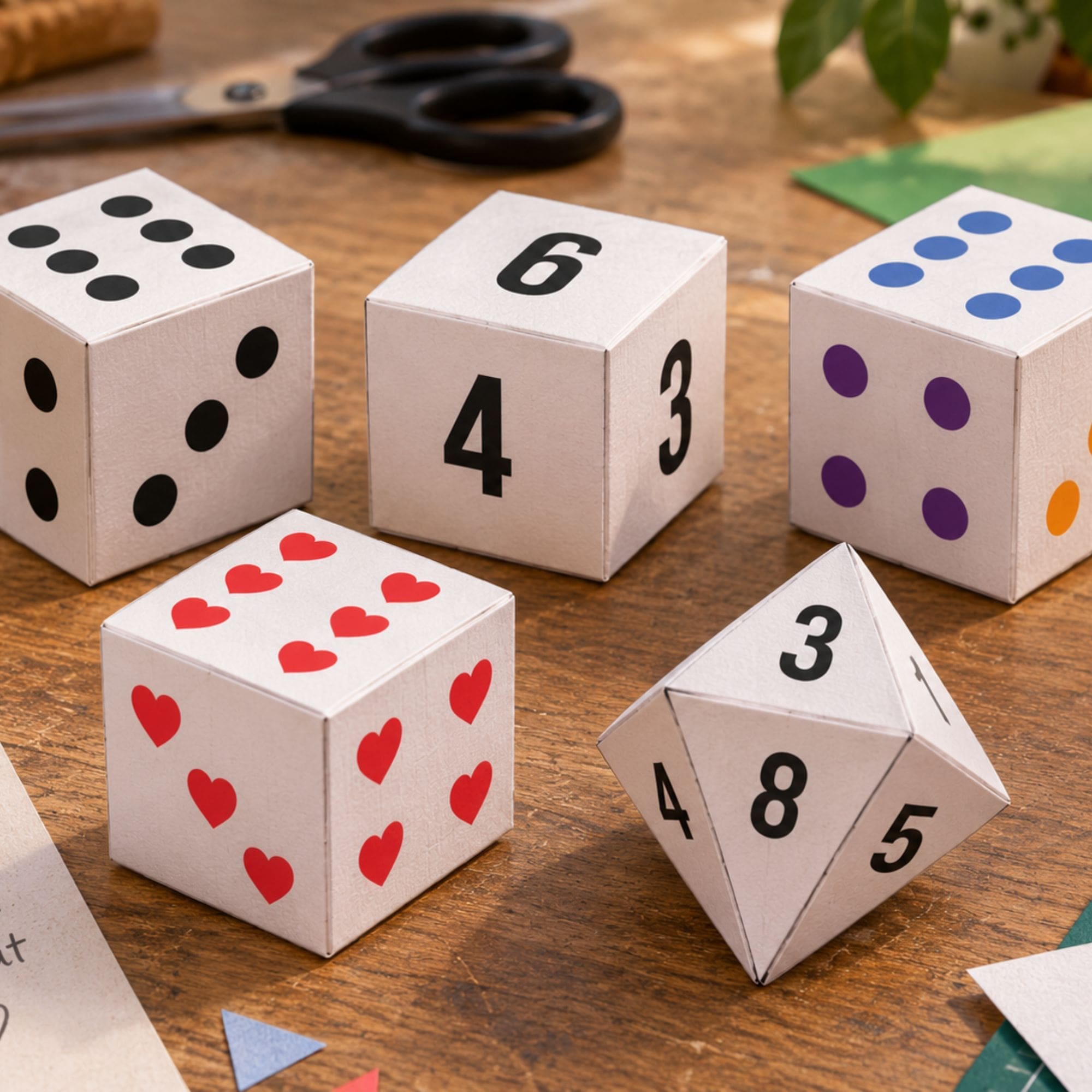 Printable DIY dice set featuring colorful paper dice templates with numbers, dots, hearts, and an 8-sided die for kids to print, cut, fold, and assemble.