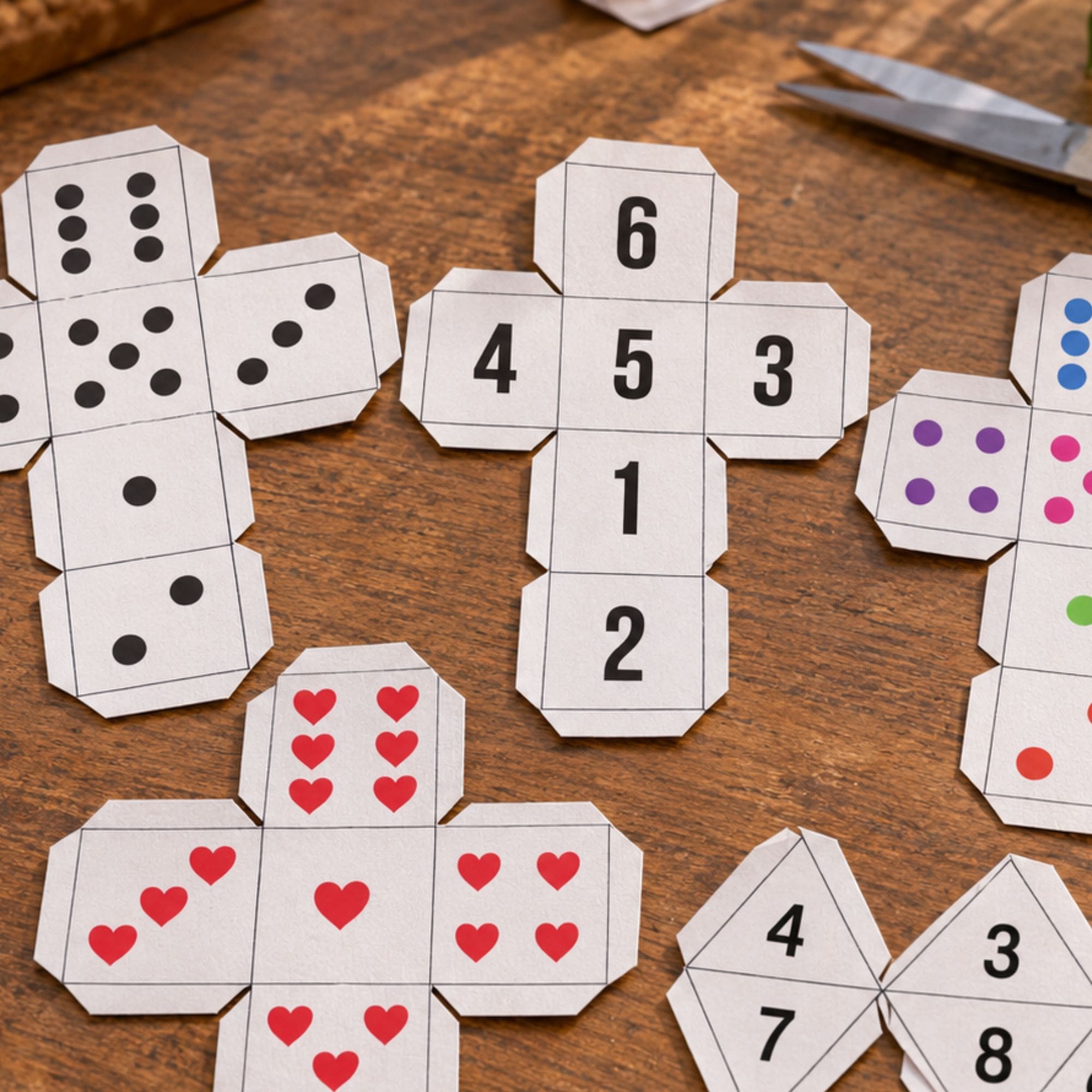 Printable DIY dice set featuring colorful paper dice templates with numbers, dots, hearts, and an 8-sided die for kids to print, cut, fold, and assemble.