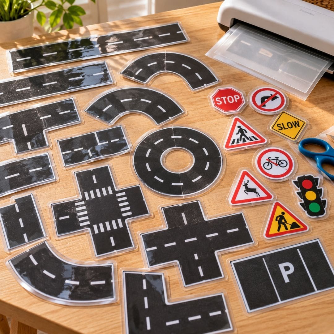 Printable road map for kids with cut-and-assemble road sections, traffic signs, and mini toy cars for hands-on road safety learning and imaginative play.