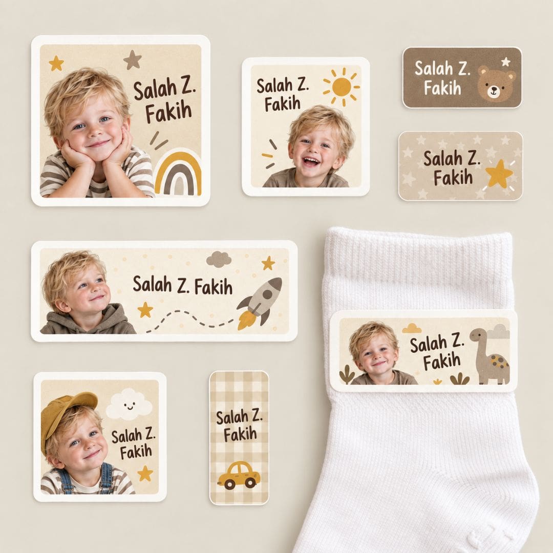 Personalized kids’ school labels featuring a real-photo style portrait, coordinated colors, and the child’s name. Shown on pencils and a notebook to demonstrate how the labels can be used on everyday school belongings.