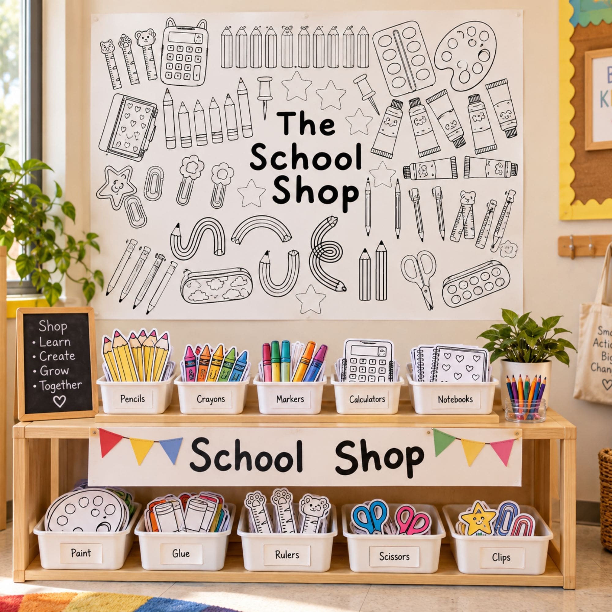 Printable Back to School Shop banner featuring playful black-and-white school supply illustrations, designed for teachers and parents to print, assemble, and display as a classroom shop or activity station backdrop.