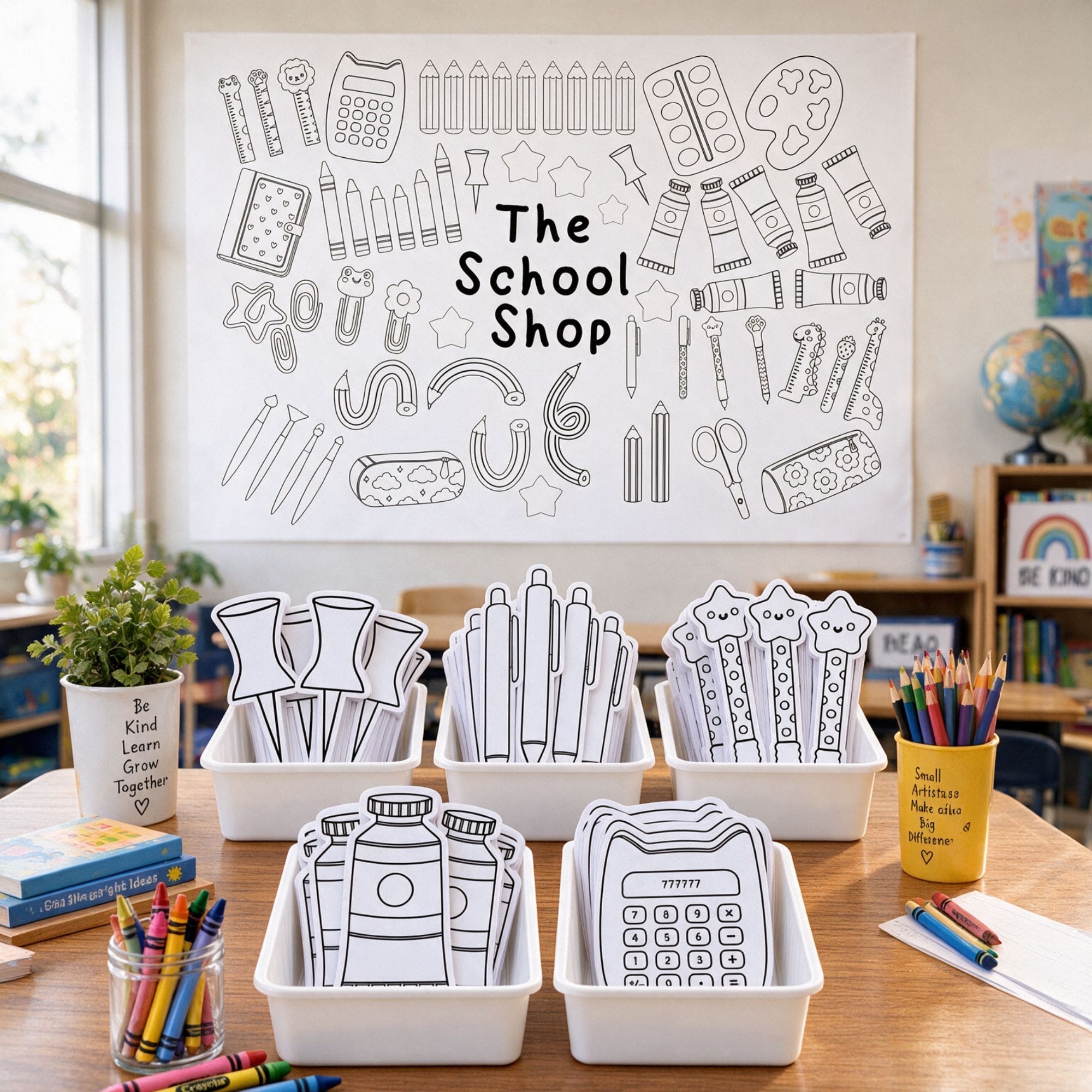 Printable Back to School Shop banner featuring playful black-and-white school supply illustrations, designed for teachers and parents to print, assemble, and display as a classroom shop or activity station backdrop.